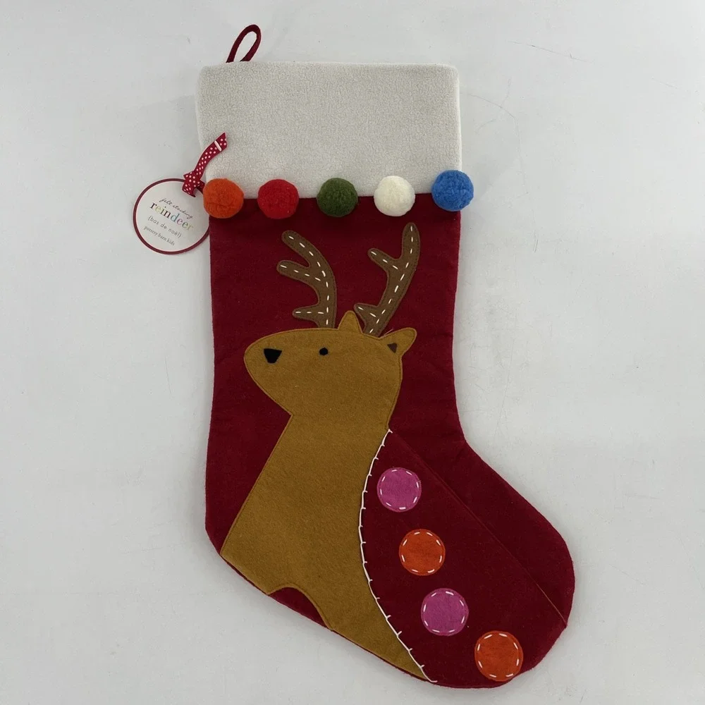 Rare Pottery Barn Felt Christmas Stocking Reindeer Poms Fleece Cuff Stitch, 22